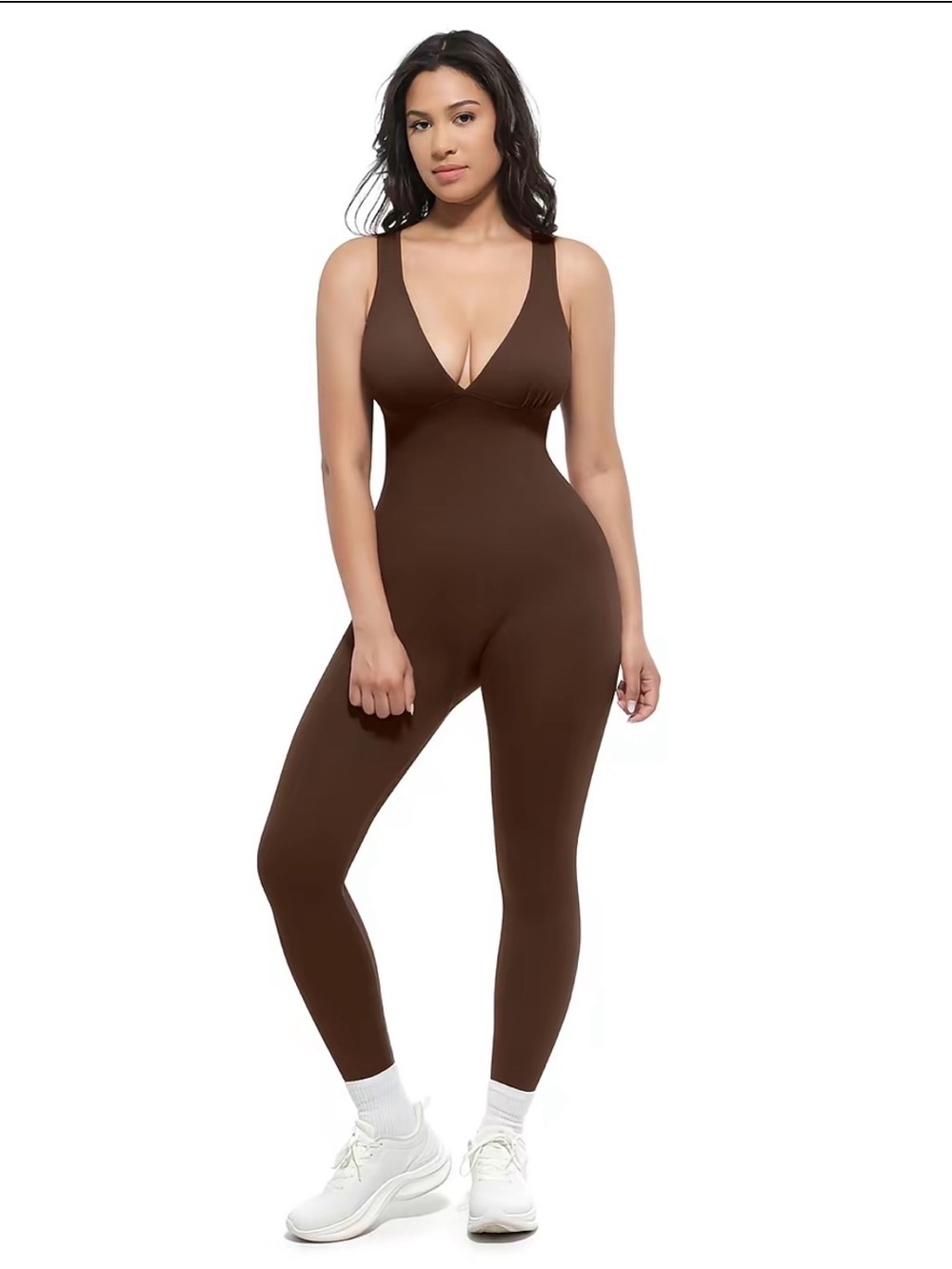 Deep V-Neck Brown Fitted Jumpsuit